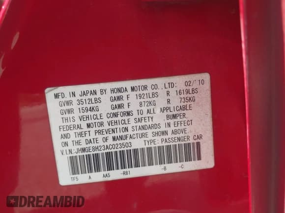 ✅ 2010 Honda Fit • VIN: JHMGE8H23AC023503 • Lot: 42936984. Listed on IAAI with 87,163 mi. Free auction sales archive from the USA and detailed vehicle history report at DreamBid. Image 9.