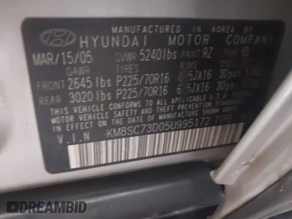 2005 Hyundai Santa Fe GLS с VIN KM8SC73D05U995172, выставлен на аукционе IAAI как лот 41525463 с пробегом Не указан миль и . История ставок и продаж доступна на DreamBid. Изображение 9.