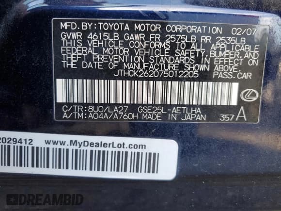 ✅ 2007 Lexus IS 250 • VIN: JTHCK262075012205 • Lot: 91177235. Wystawiony na Copart z przebiegiem 133 180 mil. Bezpłatny archiwum sprzedaży aukcyjnych z USA i szczegółowy raport historii pojazdu na DreamBid. Zdjęcie 12.