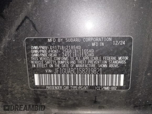 ✅ 2025 Subaru Impreza • VIN: JF1GUABC1S8219821 • Lot: 43498280. Listed on IAAI with 13,411 mi. Free auction sales archive from the USA and detailed vehicle history report at DreamBid. Image 9.