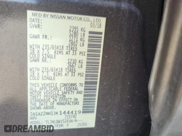 ✅ 2018 Nissan Murano SV • VIN: 5N1AZ2MH1JN144419 • Lot: 89700645. Listed on Copart with 93,594 mi. Free auction sales archive from the USA and detailed vehicle history report at DreamBid. Image 13.