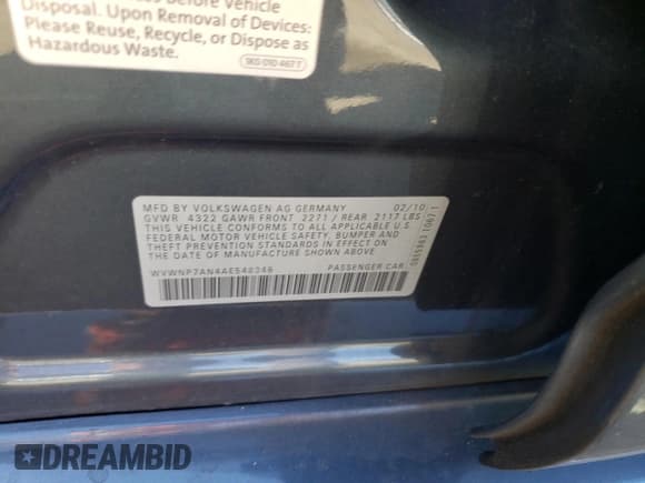 ✅ 2010 Volkswagen CC Sport • VIN: WVWNP7AN4AE548348 • Lot: 76311914. Listed on Copart with 83,251 mi. Free auction sales archive from the USA and detailed vehicle history report at DreamBid. Image 14.