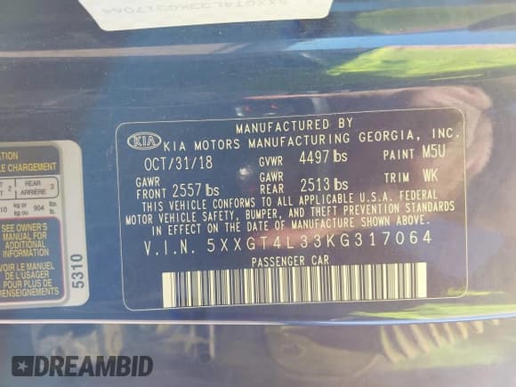 ✅ 2019 Kia Optima S • VIN: 5XXGT4L33KG317064 • Lot: 41808214. Listed on IAAI with 83,832 mi. Free auction sales archive from the USA and detailed vehicle history report at DreamBid. Image 9.