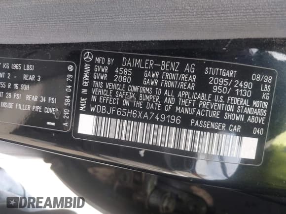 ✅ 1999 Mercedes-Benz E 320 • VIN: WDBJF65H6XA749196 • Лот: 43668198. Опубликован ранее на IAAI с пробегом 182 022 миль. Бесплатный доступ к архиву аукционных продаж из США и подробный отчёт об истории автомобиля на DreamBid. Изображение 9.