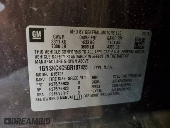 2016 Chevrolet Tahoe LTZ with VIN 1GNSKCKC5GR107425, listed as a Copart auction lot 81219225 with 130,322 mi miles and Salvage title. Bid and sale history available at DreamBid. Image 13.