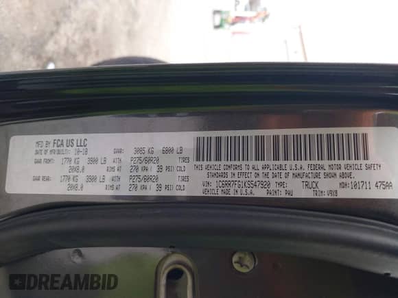 2019 Ram 1500 Tradesman with VIN 1C6RR7FG1KS547920, listed as a IAAI auction lot 41969407 with 67,048 mi miles and . Bid and sale history available at DreamBid. Image 9.