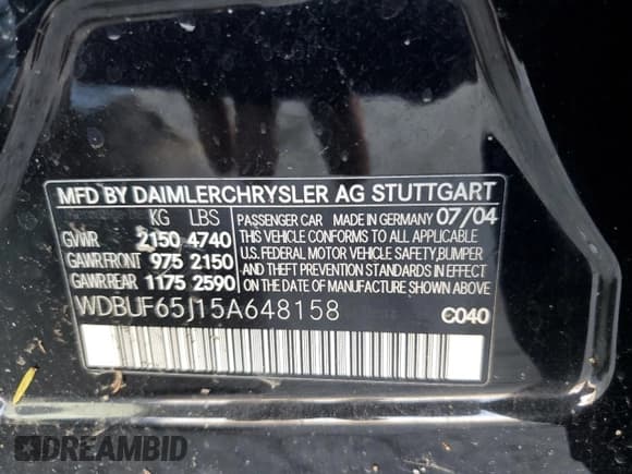 ✅ 2005 Mercedes-Benz E 320 • VIN: WDBUF65J15A648158 • Lot: 80672235. Listed on Copart with 162,328 mi. Free auction sales archive from the USA and detailed vehicle history report at DreamBid. Image 12.