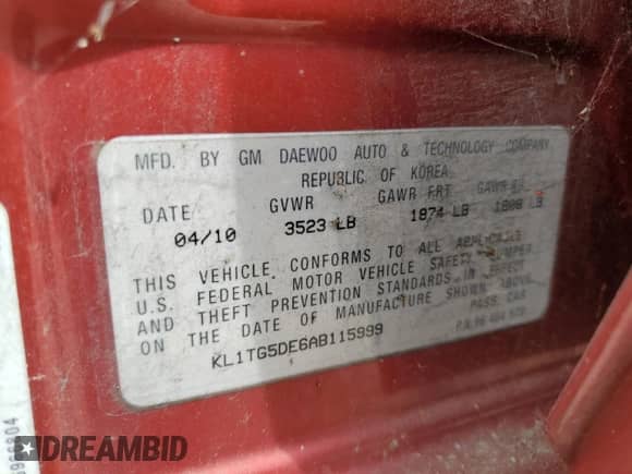 2010 Chevrolet Aveo 2LT z VIN KL1TG5DE6AB115999, wystawiony jako Copart lot #57480104 z przebiegiem 103 604 mil mil oraz Nie do naprawy • Non repairable. Historia ofert i sprzedaży dostępna na DreamBid. Obrazek 12.