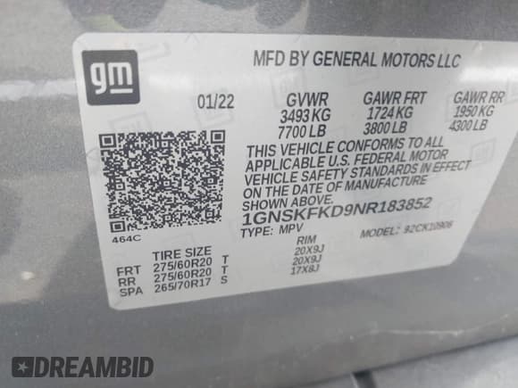 ✅ 2022 Chevrolet Suburban Premier • VIN: 1GNSKFKD9NR183852 • Lot: 42583343. Wystawiony na IAAI z przebiegiem 74 421 mil. Bezpłatny archiwum sprzedaży aukcyjnych z USA i szczegółowy raport historii pojazdu na DreamBid. Zdjęcie 9.