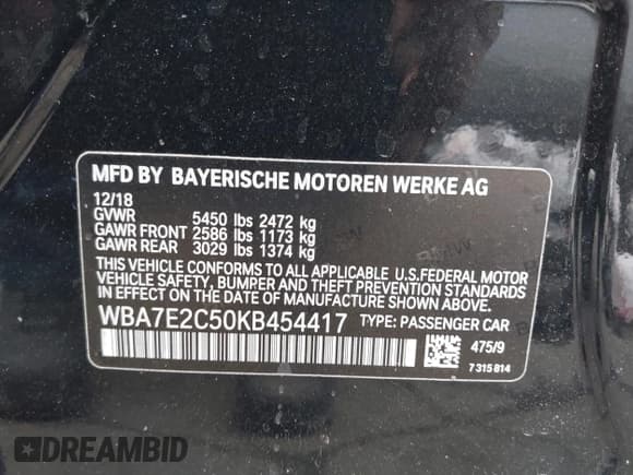 ✅ 2019 BMW 7 Series 740i • VIN: WBA7E2C50KB454417 • Lot: 42290156. Listed on IAAI with Not provided. Free auction sales archive from the USA and detailed vehicle history report at DreamBid. Image 9.