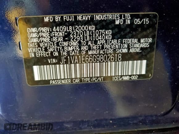 ✅ 2016 Subaru WRX Premium • VIN: JF1VA1E66G9802618 • Lot: 95267555. Listed on Copart with 80,387 mi. Free auction sales archive from the USA and detailed vehicle history report at DreamBid. Image 12.