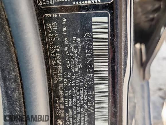 2003 BMW 3 Series 325i z VIN WBAET37493NJ32718, wystawiony jako Copart lot #60609305 z przebiegiem Nie podano mil oraz Szkoda całkowita • Salvage title. Historia ofert i sprzedaży dostępna na DreamBid. Obrazek 12.