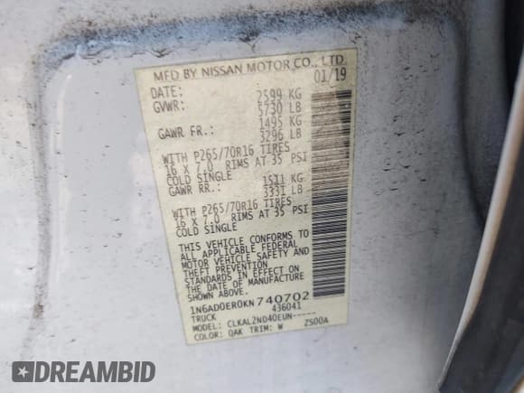 ✅ 2019 Nissan Frontier SL • VIN: 1N6AD0ER0KN740702 • Lot: 43360402. Listed on IAAI with 142,173 mi. Free auction sales archive from the USA and detailed vehicle history report at DreamBid. Image 9.