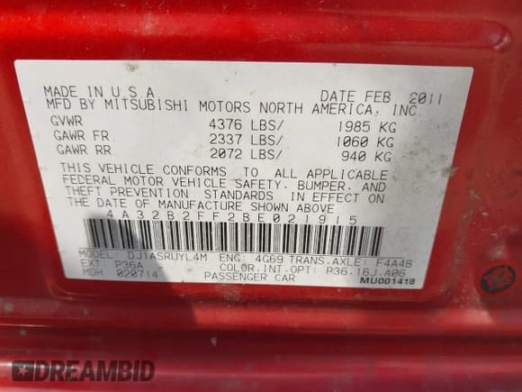 ✅ 2011 Mitsubishi Galant FE • VIN: 4A32B2FF2BE021915 • Lot: 42885502. Listed on IAAI with 144,018 mi. Free auction sales archive from the USA and detailed vehicle history report at DreamBid. Image 9.