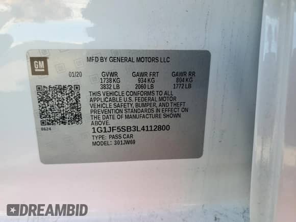 ✅ 2020 Chevrolet Sonic Premier • VIN: 1G1JF5SB3L4112800 • Lot: 90670995. Listed on Copart with 62,707 mi. Free auction sales archive from the USA and detailed vehicle history report at DreamBid. Image 12.