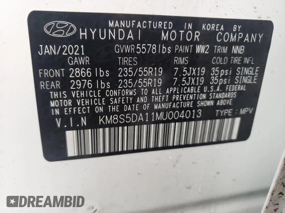 ✅ 2021 Hyundai Santa Fe Limited • VIN: KM8S5DA11MU004013 • Lot: 59325022. Wystawiony na Copart z przebiegiem 35 637 mil. Bezpłatny archiwum sprzedaży aukcyjnych z USA i szczegółowy raport historii pojazdu na DreamBid. Zdjęcie 10.