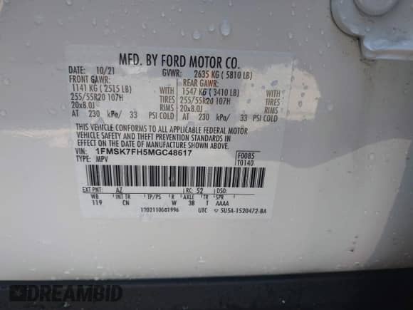 2021 Ford Explorer Limited with VIN 1FMSK7FH5MGC48617, listed as a IAAI auction lot 43186782 with 35,869 mi miles and . Bid and sale history available at DreamBid. Image 9.