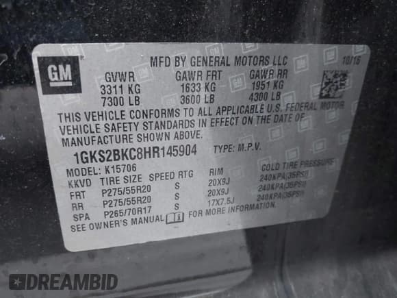 ✅ 2017 GMC Yukon SLT • VIN: 1GKS2BKC8HR145904 • Lot: 43375939. Listed on IAAI with 124,725 mi. Free auction sales archive from the USA and detailed vehicle history report at DreamBid. Image 9.