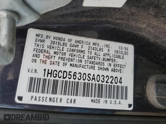 ✅ 1995 Honda Accord LX • VIN: 1HGCD5630SA032204 • Лот: 79454934. Опубликован ранее на Copart с пробегом 52 291 миль. Бесплатный доступ к архиву аукционных продаж из США и подробный отчёт об истории автомобиля на DreamBid. Изображение 13.