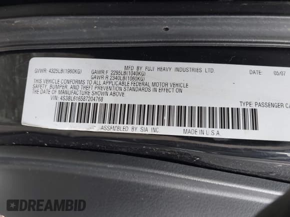 ✅ 2008 Subaru Legacy Special • VIN: 4S3BL616587204768 • Lot: 43494716. Listed on IAAI with 165,726 mi. Free auction sales archive from the USA and detailed vehicle history report at DreamBid. Image 9.