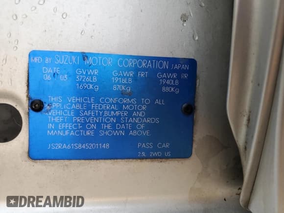 ✅ 2004 Suzuki Aerio S • VIN: JS2RA61S845201148 • Lot: 71931265. Wystawiony na Copart z przebiegiem 86 957 mil. Bezpłatny archiwum sprzedaży aukcyjnych z USA i szczegółowy raport historii pojazdu na DreamBid. Zdjęcie 13.