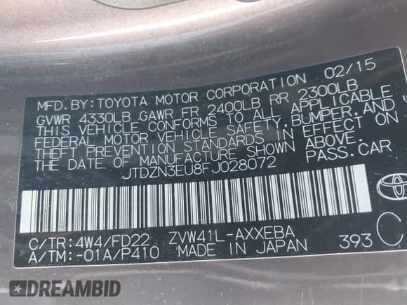 ✅ 2015 Toyota Prius Two • VIN: JTDZN3EU8FJ028072 • Lot: 39747470. Listed on IAAI with 62,979 mi. Free auction sales archive from the USA and detailed vehicle history report at DreamBid. Image 9.