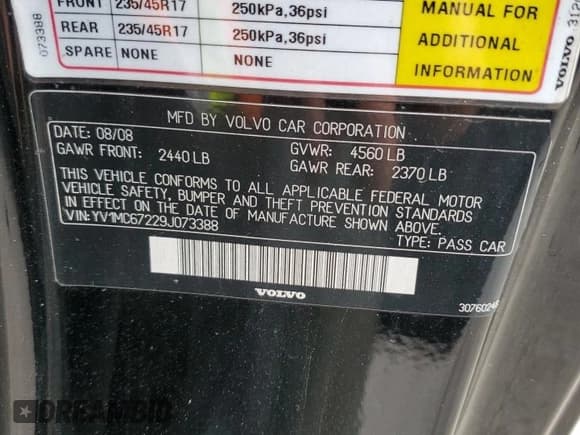 ✅ 2009 Volvo C70 • VIN: YV1MC67229J073388 • Lot: 46733025. Listed on Copart with 77,580 mi. Free auction sales archive from the USA and detailed vehicle history report at DreamBid. Image 12.