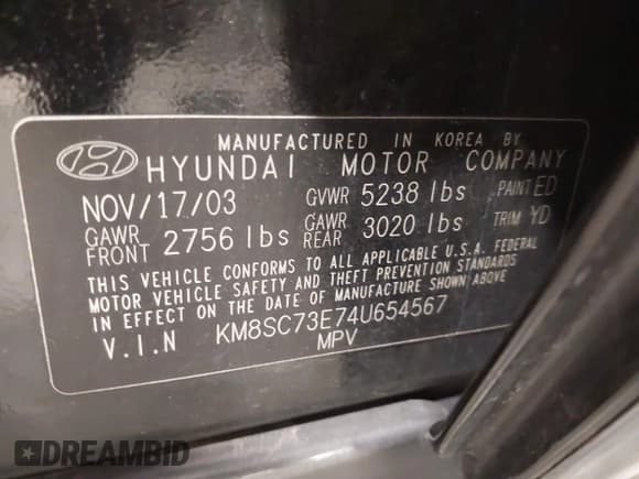 ✅ 2004 Hyundai Santa Fe GLS • VIN: KM8SC73E74U654567 • Lot: 43571152. Listed on IAAI with 167,999 mi. Free auction sales archive from the USA and detailed vehicle history report at DreamBid. Image 9.