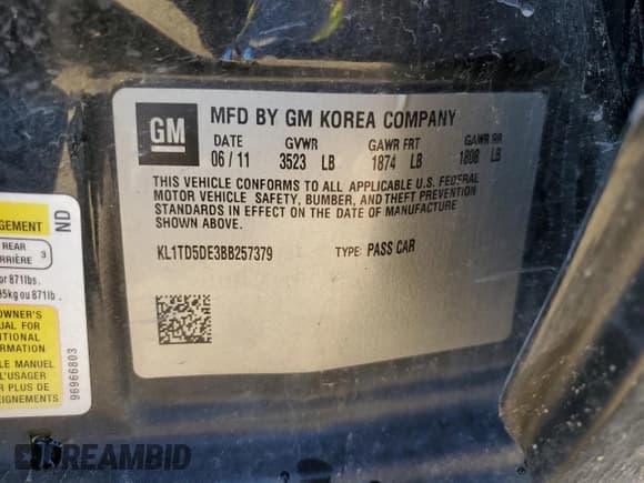 ✅ 2011 Chevrolet Aveo 1LT • VIN: KL1TD5DE3BB257379 • Lot: 46844885. Wystawiony na Copart z przebiegiem Nie podano. Bezpłatny archiwum sprzedaży aukcyjnych z USA i szczegółowy raport historii pojazdu na DreamBid. Zdjęcie 12.