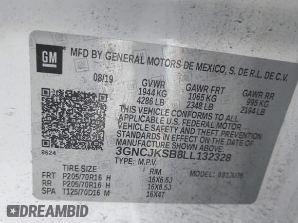 ✅ 2020 Chevrolet Trax LS • VIN: 3GNCJKSB8LL132328 • Lot: 43343864. Listed on IAAI with 54,086 mi. Free auction sales archive from the USA and detailed vehicle history report at DreamBid. Image 9.