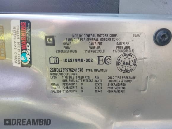 ✅ 2007 Chevrolet Equinox LT • VIN: 2CNDL73F976241876 • Lot: 43628388. Wystawiony na IAAI z przebiegiem 165 284 mil. Bezpłatny archiwum sprzedaży aukcyjnych z USA i szczegółowy raport historii pojazdu na DreamBid. Zdjęcie 9.