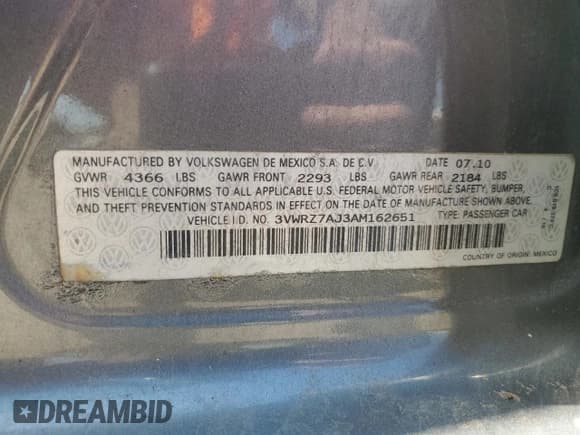 ✅ 2010 Volkswagen Jetta Limited Edition • VIN: 3VWRZ7AJ3AM162651 • Lot: 61687995. Listed on Copart with 171,936 mi. Free auction sales archive from the USA and detailed vehicle history report at DreamBid. Image 13.