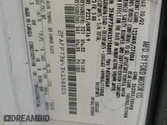 ✅ 2003 Ford Crown Victoria Standard • VIN: 2FAFP73W43X158805 • Lot: 57494405. Listed on Copart with 193,125 mi. Free auction sales archive from the USA and detailed vehicle history report at DreamBid. Image 12.