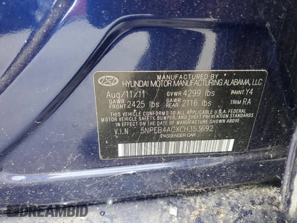 ✅ 2012 Hyundai Sonata GLS • VIN: 5NPEB4ACXCH353692 • Lot: 72646054. Wystawiony na Copart z przebiegiem Nie podano. Bezpłatny archiwum sprzedaży aukcyjnych z USA i szczegółowy raport historii pojazdu na DreamBid. Zdjęcie 12.