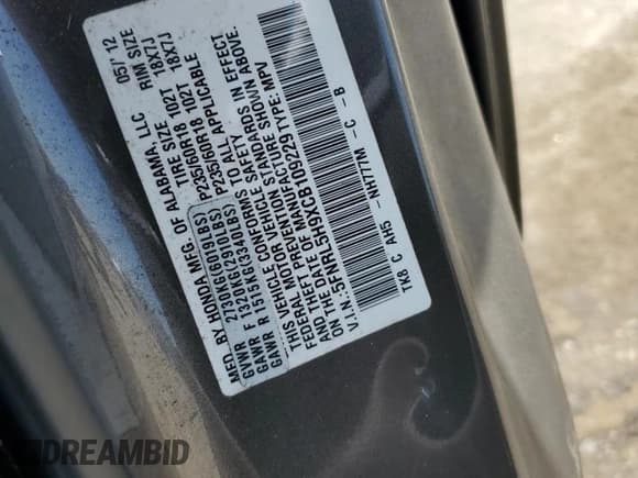 ✅ 2012 Honda Odyssey Touring • VIN: 5FNRL5H9XCB109229 • Lot: 59885895. Listed on Copart with 153,668 mi. Free auction sales archive from the USA and detailed vehicle history report at DreamBid. Image 13.