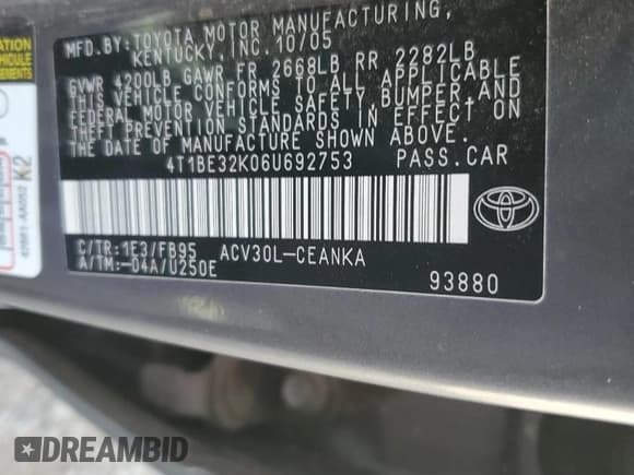 ✅ 2006 Toyota Camry STD • VIN: 4T1BE32K06U692753 • Lot: 89741305. Listed on Copart with 287,929 mi. Free auction sales archive from the USA and detailed vehicle history report at DreamBid. Image 12.