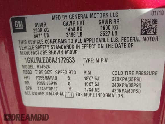 ✅ 2010 GMC Acadia SLE • VIN: 1GKLRLED8AJ172633 • Lot: 43361882. Listed on IAAI with 83,426 mi. Free auction sales archive from the USA and detailed vehicle history report at DreamBid. Image 9.