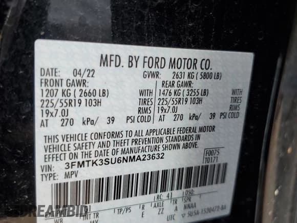 ✅ 2022 Ford Mustang Mach-E Premium • VIN: 3FMTK3SU6NMA23632 • Lot: 55096325. Listed on Copart with 33,038 mi. Free auction sales archive from the USA and detailed vehicle history report at DreamBid. Image 12.