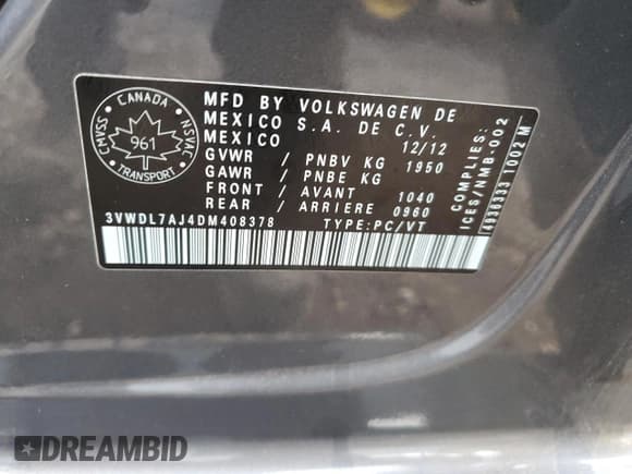 ✅ 2013 Volkswagen Jetta Comfortline • VIN: 3VWDL7AJ4DM408378 • Lot: 77094074. Listed on Copart with 169,129 mi. Free auction sales archive from the USA and detailed vehicle history report at DreamBid. Image 13.