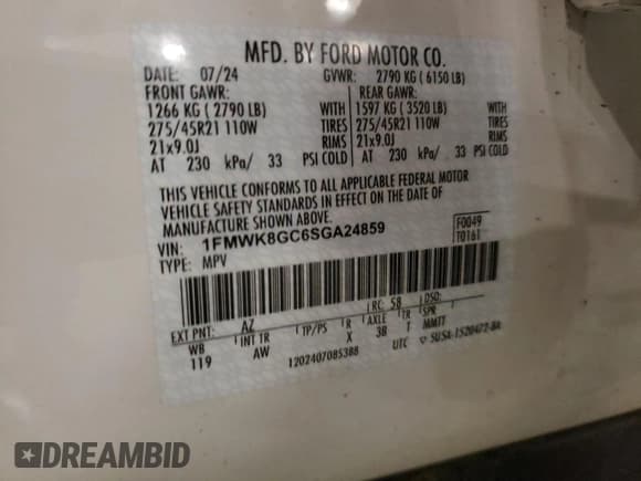 ✅ 2025 Ford Explorer ST • VIN: 1FMWK8GC6SGA24859 • Lot: 82394425. Listed on Copart with 5,260 mi. Free auction sales archive from the USA and detailed vehicle history report at DreamBid. Image 13.