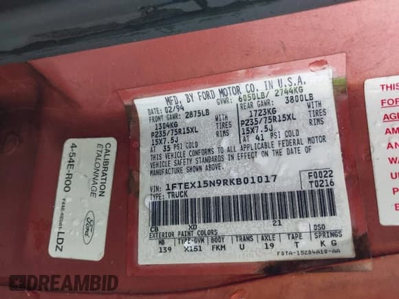 ✅ 1994 Ford F-150 • VIN: 1FTEX15N9RKB01017 • Lot: 43853753. Listed on IAAI with Not provided. Free auction sales archive from the USA and detailed vehicle history report at DreamBid. Image 9.