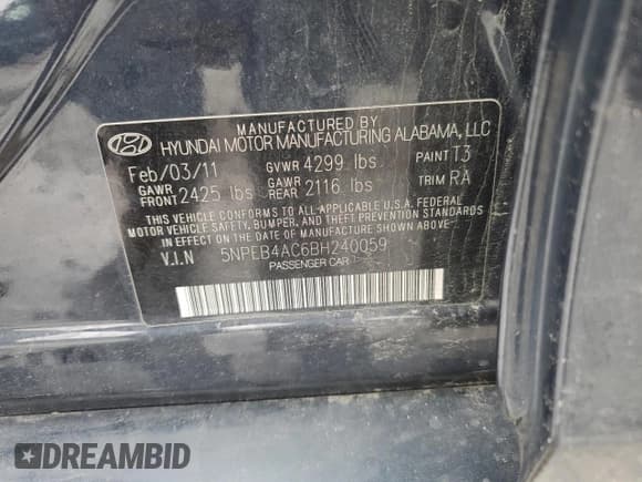 ✅ 2011 Hyundai Sonata GLS • VIN: 5NPEB4AC6BH240059 • Lot: 73113214. Listed on Copart with Not provided. Free auction sales archive from the USA and detailed vehicle history report at DreamBid. Image 13.