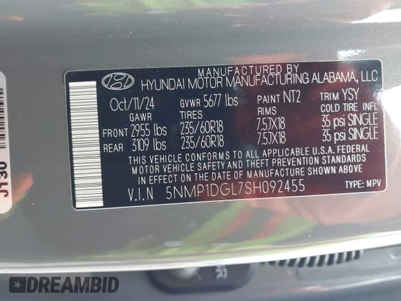 ✅ 2025 Hyundai Santa Fe SE • VIN: 5NMP1DGL7SH092455 • Lot: 41966452. Listed on IAAI with 4,807 mi. Free auction sales archive from the USA and detailed vehicle history report at DreamBid. Image 9.