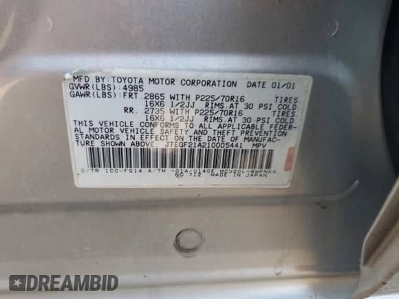 2001 Toyota Highlander с VIN JTEGF21A210005441, выставлен на аукционе Copart как лот 90266005 с пробегом 214 205 миль миль и Чистый • Clean title. История ставок и продаж доступна на DreamBid. Изображение 13.