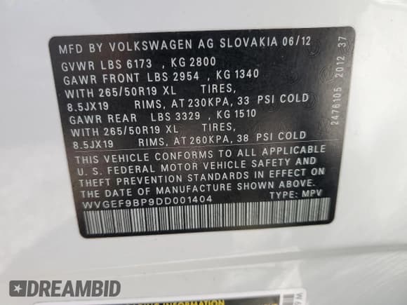 ✅ 2013 Volkswagen Touareg Lux • VIN: WVGEF9BP9DD001404 • Lot: 66859855. Listed on Copart with 121,687 mi. Free auction sales archive from the USA and detailed vehicle history report at DreamBid. Image 13.