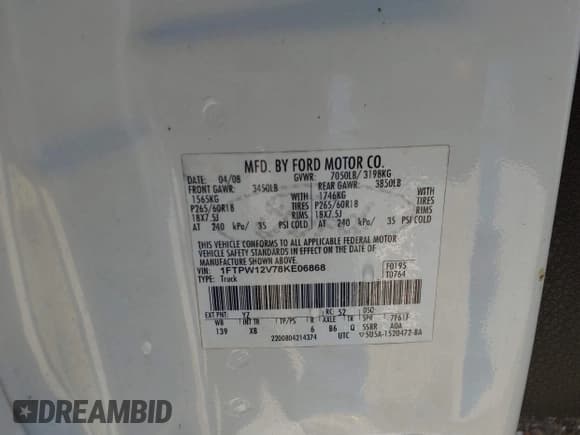 ✅ 2008 Ford F-150 XLT • VIN: 1FTPW12V78KE06868 • Lot: 42044311. Listed on IAAI with Not provided. Free auction sales archive from the USA and detailed vehicle history report at DreamBid. Image 9.