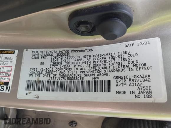 ✅ 2005 Toyota 4Runner Limited • VIN: JTEZU17R150053086 • Lot: 42738160. Listed on IAAI with 246,089 mi. Free auction sales archive from the USA and detailed vehicle history report at DreamBid. Image 9.