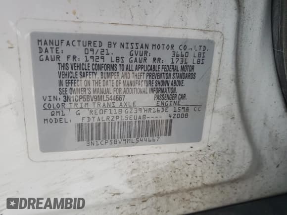 ✅ 2021 Nissan Kicks S • VIN: 3N1CP5BV9ML544667 • Лот: 87094235. Опубликован ранее на Copart с пробегом 54 375 миль. Бесплатный доступ к архиву аукционных продаж из США и подробный отчёт об истории автомобиля на DreamBid. Изображение 14.