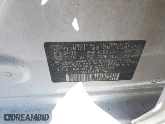 ✅ 2013 Hyundai Elantra • VIN: KMHD35LE4DU108418 • Лот: 43352560. Опубликован ранее на IAAI с пробегом 96 209 миль. Бесплатный доступ к архиву аукционных продаж из США и подробный отчёт об истории автомобиля на DreamBid. Изображение 9.