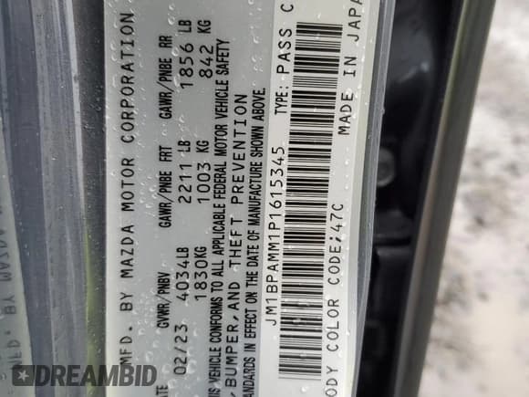 ✅ 2023 Mazda 3 S Premium • VIN: JM1BPAMM1P1615345 • Lot: 48707645. Wystawiony na Copart z przebiegiem 26 598 mil. Bezpłatny archiwum sprzedaży aukcyjnych z USA i szczegółowy raport historii pojazdu na DreamBid. Zdjęcie 12.